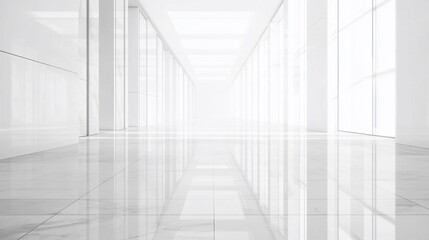 Obraz premium Modern white hallway with bright windows and glossy floor.