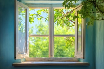 Open window, spring blooms, sunlit green view.