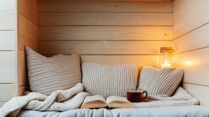 A cozy nook with soft pillows, a warm blanket, a book, and a steaming cup of coffee, illuminated by gentle light, perfect for relaxation.