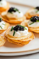 elegant potato chips topped with a dollop of creamy crème fraîche, black caviar, and a sprinkle of fresh chives, arranged in a symmetrical pattern on a white plate