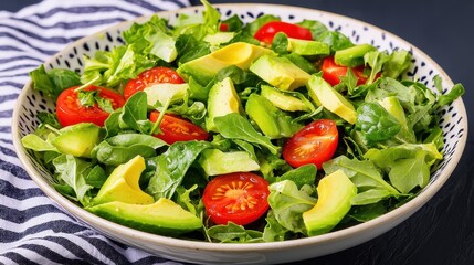 A vibrant salad featuring fresh greens, cherry tomatoes, and avocado slices, served in a stylish bowl with a striped cloth backdrop.