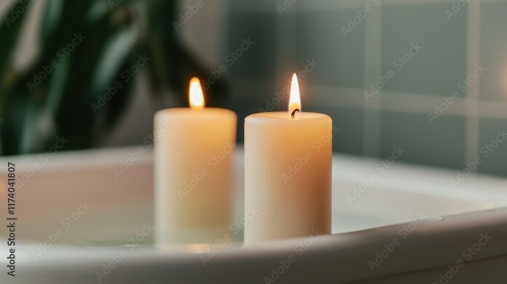 Poster two lit candles sit in a serene bath, creating a calming atmosphere with soft light and a touch of t