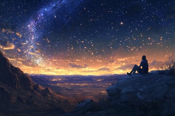Fototapeta premium Solitary figure, starlit sky, mountain vista, city lights.