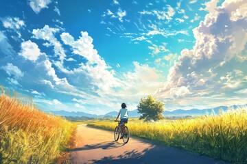 Obraz premium Person cycling sunny path, vibrant fields, blue sky.