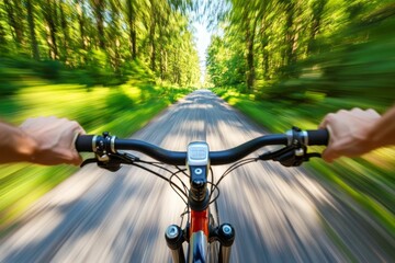 Fast bike ride through sun-drenched forest.