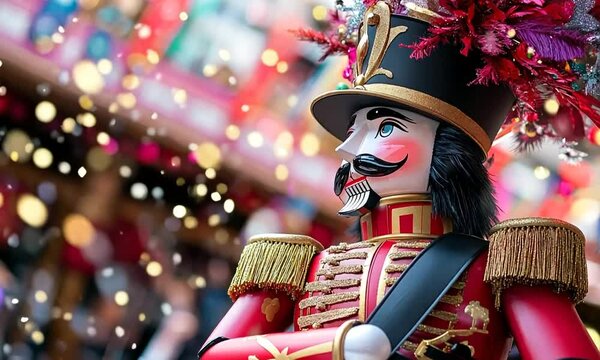 Colorful nutcracker figurine adorned with festive decorations.