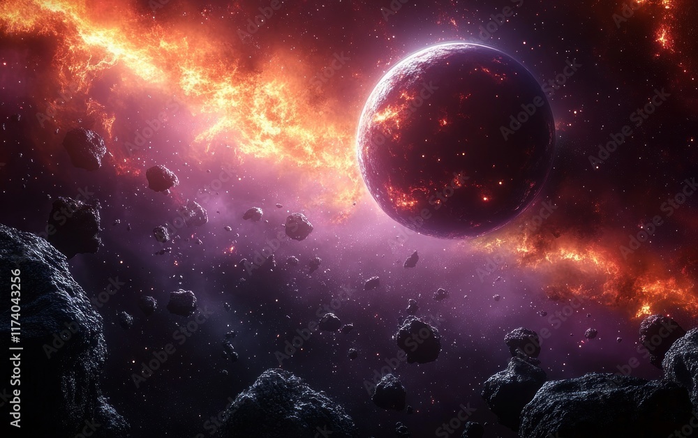 Poster cosmic landscape with nebula and distant planet in asteroid field
