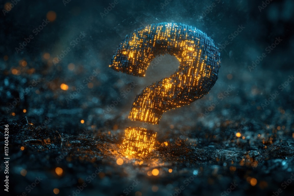 Poster Futuristic Question Mark with Glowing Blue Binary Code and Advanced AI Technology in Digital Assistance and Information Retrieval