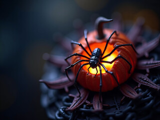 A black spider perches on a glowing orange pumpkin surrounded by dark, eerie decor, creating a chilling Halloween atmosphere.  
