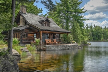 Fototapeta premium Lakeside log cabin, stone patio, tranquil setting.