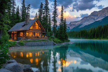 Obraz premium Lakeside cabin glows, reflecting tranquil mountain scene.