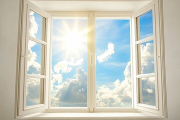 Open window, sunny sky, fluffy clouds.