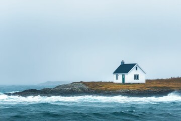 White house, rocky coast, stormy sea, overcast sky.