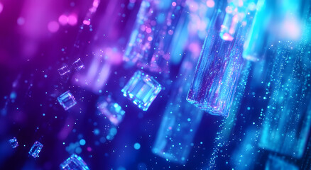 Obraz premium Abstract 3D digital technology with blue light particles, wave glitters, and stock.