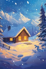 Naklejka premium Snow-covered cabin glows, nestled in snowy mountains.