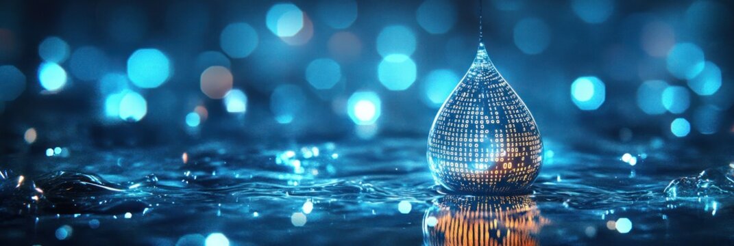 digital water drop icon with binary code artificial intelligence for resource management hydrology modeling environmental monitoring and sustainable conservation