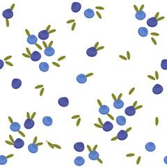 Seamless pattern of blueberries with green leaves. Ripe fresh raw berries. Sweet vitamin healthy nutrition. Simple cartoon style, flat vector illustration on white background
