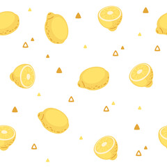 Seamless pattern of fresh yellow lemons. Halved and whole citrus tropical fruit, with juicy segmented juice sac. Vector illustration on white background