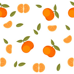 Seamless pattern of Mandarin with green leaves, whole and sliced citrus tropical fruit. Ripe exotic nutrition food, simple cartoon style. Flat vector illustration on white background