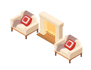Isometric furniture fireplace and sofa with pillows. Suitable for home interior visuals, real estate designs, or furniture catalogs. Vector illustration isolated on white background