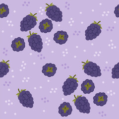 Seamless pattern of ripe blackberries. Suitable for berry-themed projects, dessert recipes, and highlighting blackberries properties and health benefits. Vector illustration on purple background
