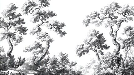 Monochrome Illustration of Majestic Trees in a Wooded Landscape