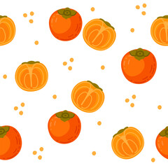 Seamless pattern of Persimmons exotic tropical whole and halved fruit. Ripe fresh natural nutrition, simple cartoon style design. Vector illustration on white background