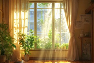 Fototapeta premium Sunlight streams through sheer curtains, illuminating plants.