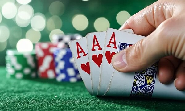 Hand of playing cards showing four aces and poker chips.