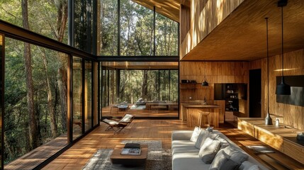 Sunlit wooden house, forest view, modern furniture.