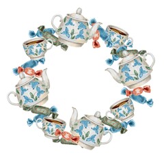 White Teapot and cup of tea with blue pattern and colorful candies wreath on white. Watercolor illustration for packaging, kitchen textiles, napkins, labels, packaging
