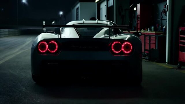 Sleek sports car leaves pit stop under night lights at race track