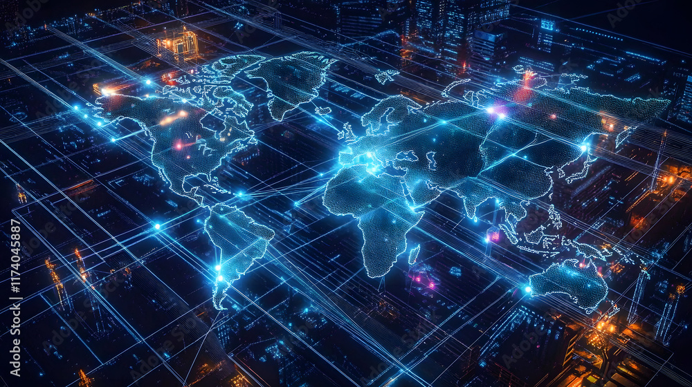 Poster supply chain digital transformation. a global supply chain map displayed on a holographic interface,