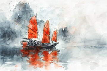 A stunning watercolor painting of a traditional boat with red sails navigating through misty waters.