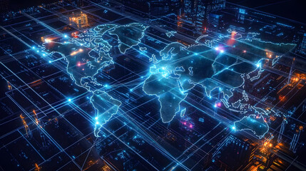 Supply Chain Digital Transformation. A global supply chain map displayed on a holographic interface, illustrating interconnected digital networks