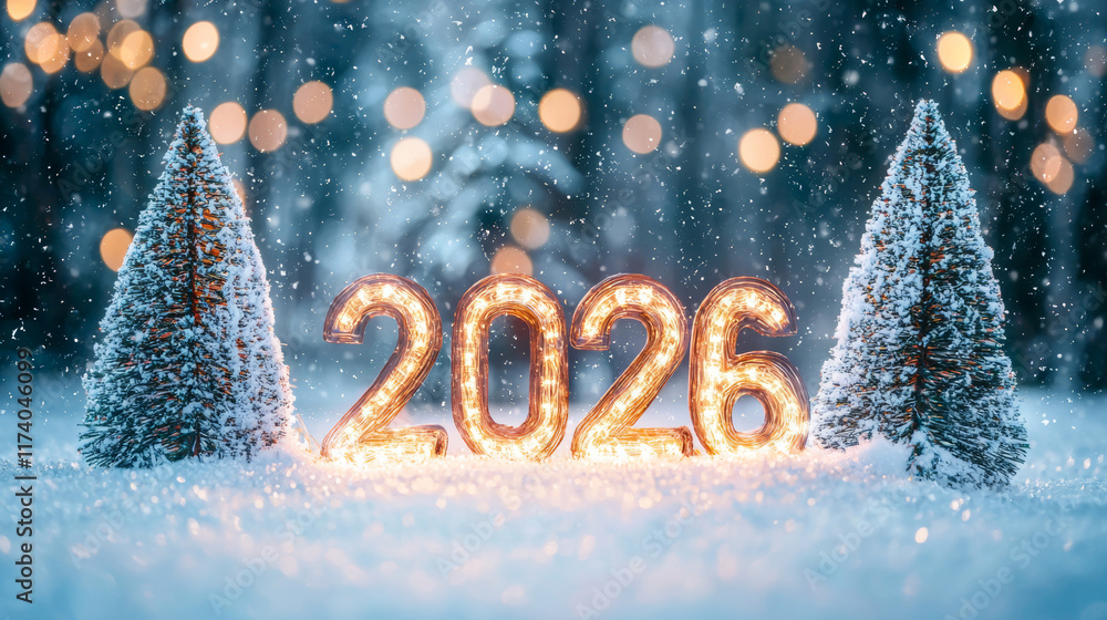 Poster glowing 2026 numbers in a snowy winter scene with festive trees and sparkling lights. concept of new