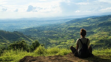 Naklejka premium Person sits, backpack, overlooking vast green valley.