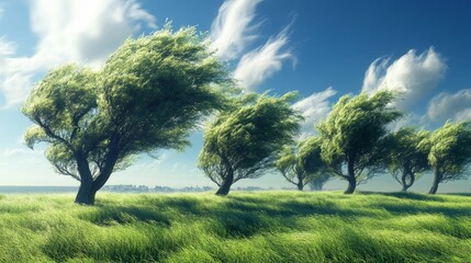 Obraz premium Windswept trees, tall grass, distant city.