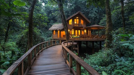 Fototapeta premium Lighted forest cabin, wooden bridge, lush foliage.