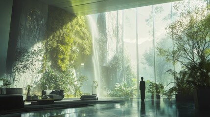 Modern room, waterfall backdrop, person gazing at lush greenery.