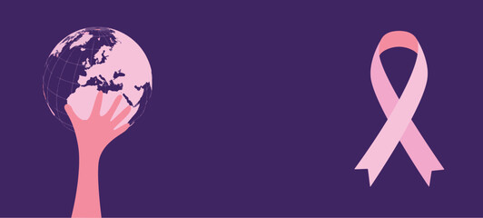 World Cancer Day 2025 concept vector. 4th February World Cancer Day poster, template or banner background. Purple background, world hand, pink awareness ribbon.