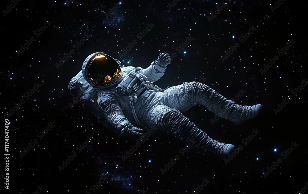 Poster surreal 3d illustration of astronaut floating in deep space with nebula background