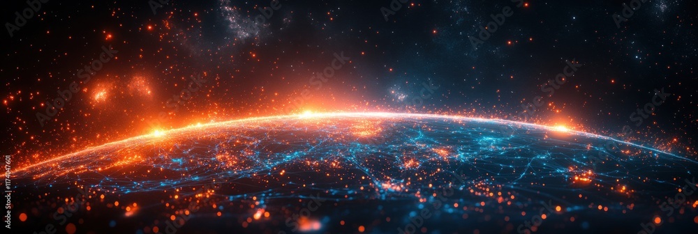 Poster Futuristic Blue Hologram Globe with Global Map and Glowing Data Networks for AI Communication and Interactive Educational Experience