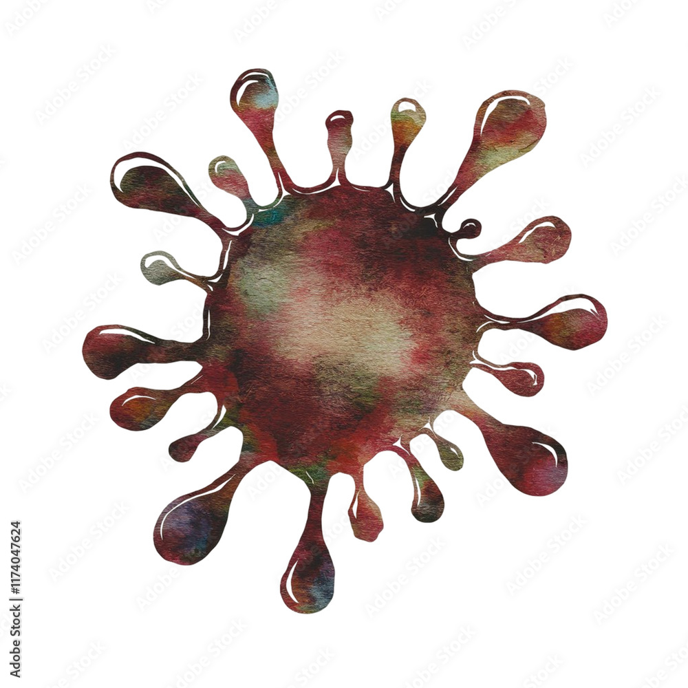 Poster colorful abstract design resembling a virus shape with fluid droplets on a white background
