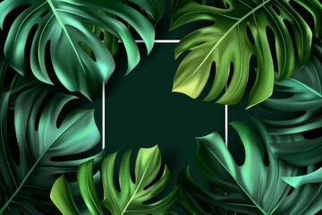 green leaves arranged in a flat lay with a white square frame, perfect for an advertising card or invitation