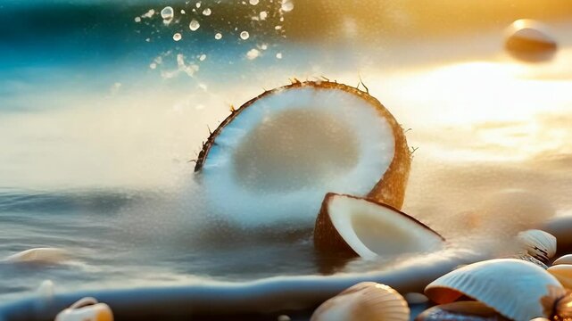 A fresh coconut shell lies on a sunlit beach, partially buried in sand. Gentle waves splash around it during early morning hours, evoking a serene tropical vibe with ocean sounds.