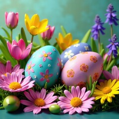 Fototapeta premium Vibrant decorated Easter eggs nestled among the petals of wildflowers, nature, grass, wildflowers