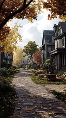 Obraz premium A serene autumn street lined with charming houses and colorful foliage.
