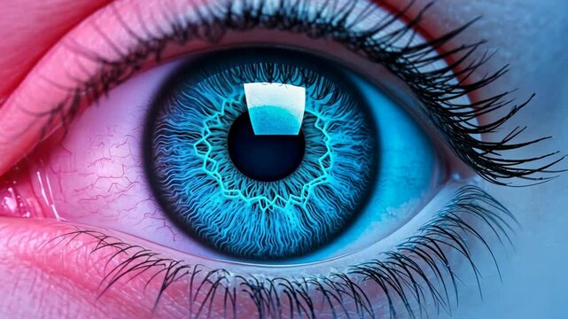 Unique close-up of a vibrant blue eye highlighting intricate details and patterns on a vivid background