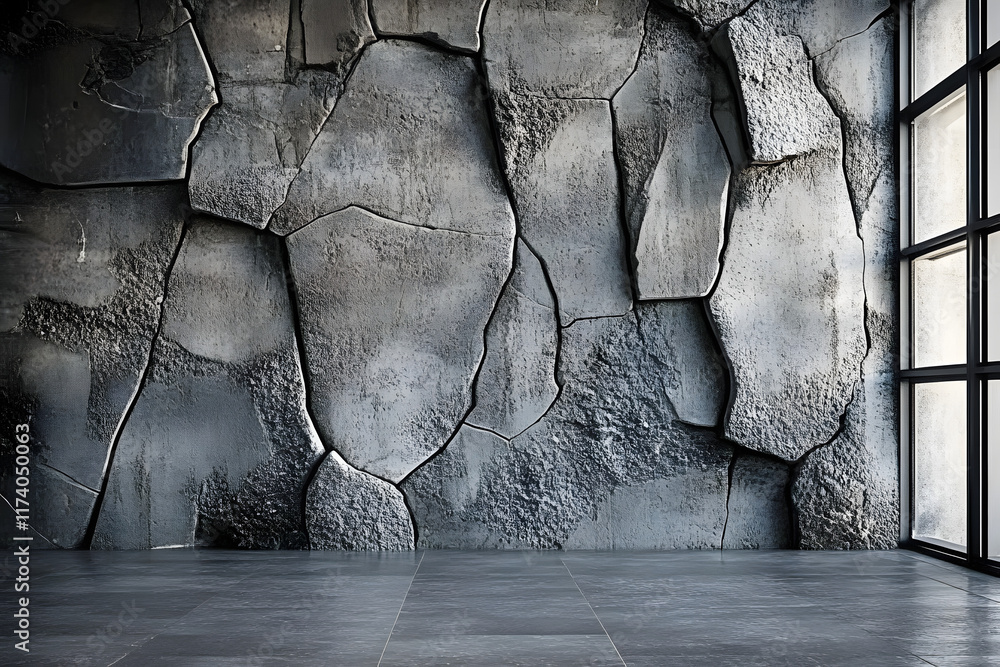 Poster a 3d gray concrete wall with a cracked texture pattern serves as a backdrop to a gray cement floor, 